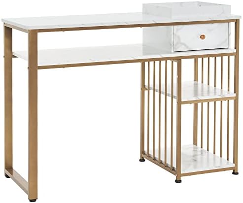 BarberPub Nail Table with Storage Marbling Texture Manicure Desk with Drawer Home Salon Beauty Equipment 2408 (White)