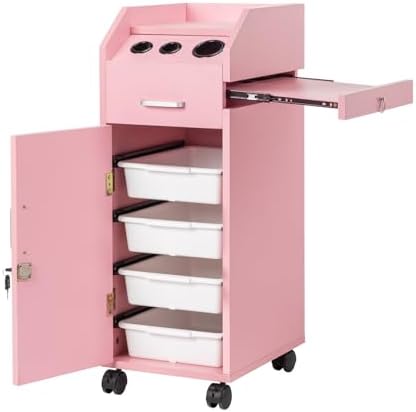 Winado Hair Salon Storage Cart with Wheels & 3 Hair Dryer Holders & 4 Drawers & Lock & 2 Keys, Hairdressing Tools Station Mobile Makeup Case, SPA Utility Trolley (Pink)