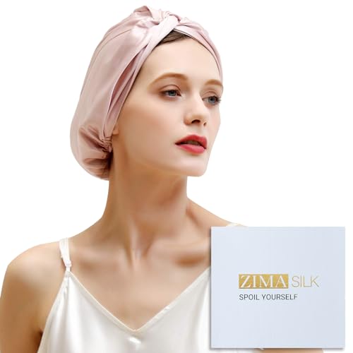 ZIMASILK 22 Momme 100% Mulberry Silk Sleep Cap for Women Hair Care,Natural Silk Night Bonnet with Elastic Stay On Head (1Pc, PINK)
