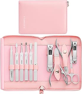 FAMILIFE Manicure Set Professional Manicure Kit Nail Kit - 11PCS Gifts For Her Nail Clippers Manicure Kit for Women Pedicure Kit Stainless Steel Nail Set Nail Care Kit Pink Leather Case Travel Kit