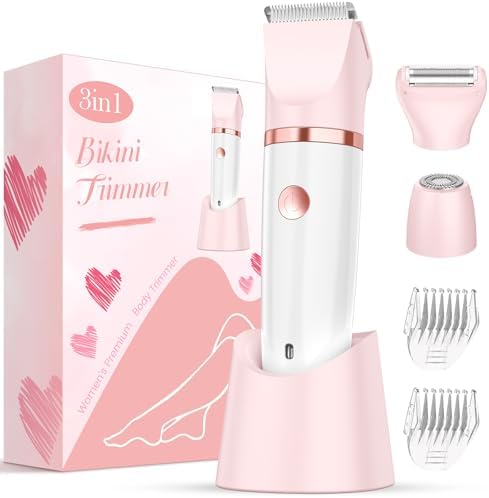 Bikini Trimmer for Women, Painless Electric Razor Shaver Women - Rechargeable Body Hair Trimmer, 3-In-1 Detachable Removal Kit with Ceramic Blade, Cordless Lady Shaver for Trip, IPX7 Waterproof, White