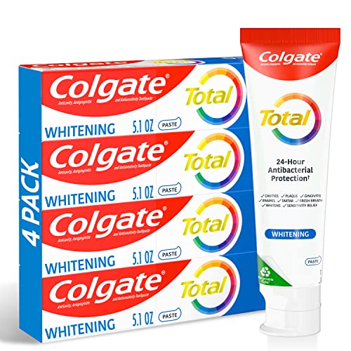 Colgate Total Whitening Toothpaste with Fluoride, 10 Benefits Including Sensitivity Relief and Stain Removal, Mint, 5.1 ounces (4 Pack)