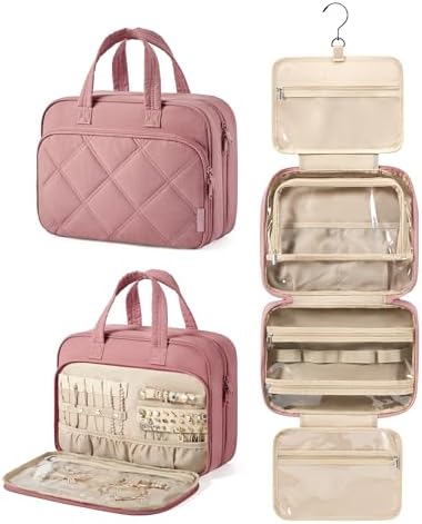 BAGSMART HangingToiletry Bag for Women, Puffy Travel Toiletry Bag with Jewelry Organizer, Waterproof Cosmetic Makeup Bag Compartment, Toiletries Kit Set for Traveling, Accessories, Essentials (M)
