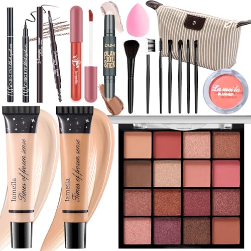 Makeup Set for Girls Teens Women, Full Face Makeup Kit, Travel Makeup Kit, Makeup Present Set, Eyeshadow Foundation, Blusher Counter Stick, Pencil Eyeliner Lip Gloss, Makeup Brushes Sponge Bag