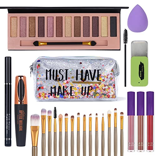 All in One Makeup Set For Women Full Kit - 12 Colors Nude Eyeshadow Palette, Waterproof Black Mascara Eyeliner Pen, 3pcs Matte Liquid Lipstick Set, Eyebrow Soap Gel Kit, 12 pcs Brushes Set Makeup Spon