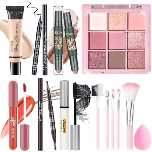 Makeup Set Kit for Women Girls Teens, Makeup Present Set, Includes 9 Color Eyeshadow, Counter Stick, Foundation, Eyebrow Pencil, Eyeliner, Mascara, Lip Gloss, 5Pcs Brushes, Sponge