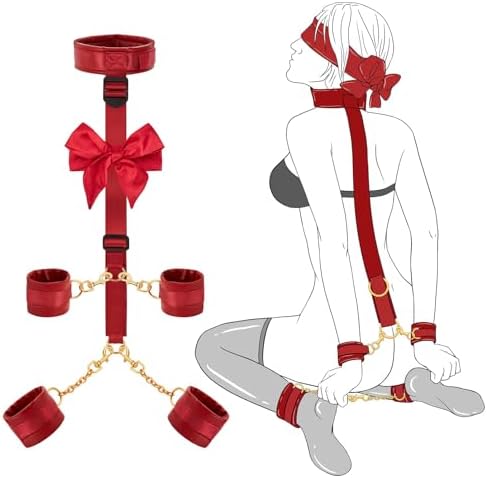 Sex Bondage BDSM Restraints Kit - UTIMI Collar Wrist Behind Back Restraint Ankles Cuffs with Blindfold and Adjustable Straps Handcuffs Sex Adult PU Leather Set BSDM Toys Couples Red