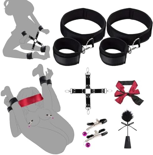 Bondage BDSM Sex Restraints Kit,7 Pcs Bondage Gear & Accessories with Nipple Camps,Cross Strap,Feather Whip,Sex Blindfold,Wrist & Thigh Cuffs Bondage Restraints,Womens Sex Toys Couples Sex Toys