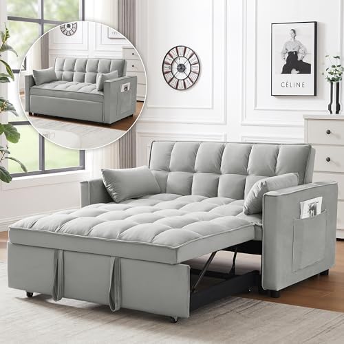 3 in 1 Convertible Sleeper Sofa Bed, Futon Couches for Living Room with Side Pocket | Adjustable Backrest | Velvet Fabric | Pull Out Couch | Small Loveseat | Sectional Sofa Bed(Grey)