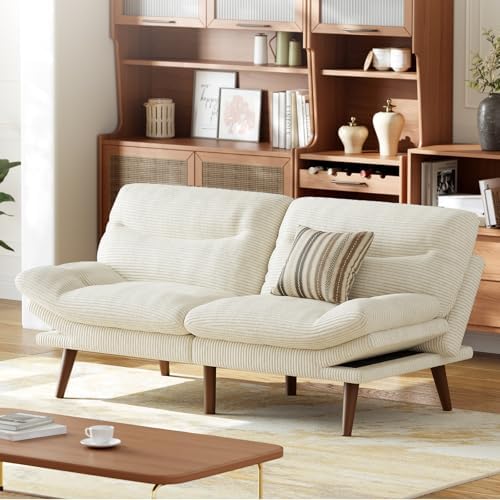 AMADA HOMEFURNISHING Futon Sofa Bed with Adjustable Backrest & Armrests, Convertible Futon Sofa Couch for Small Spaces, Living Room or Office, Corduroy Futon Sofa Bed(White)