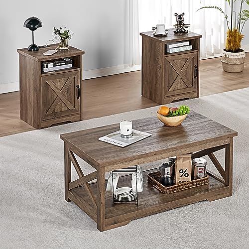 AMERLIFE 3-Piece Farmhouse Table Set Includes Coffee Table& Two End Tables, Side Table with Charging Station and USB Ports, for Living Room, Bedroom,Barnwood