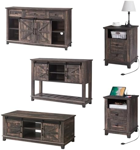 AMERLIFE Farmhouse Table Set of 5,18" End Tables Set of 2 with Charging Station,TV Stand for 65"+ TV,Storage Coffee Table & 46'' Entryway Table,Sliding Barn Doors,Adjustable Shelves,Rustic Oak Black