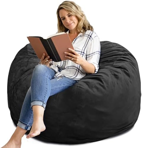Bean Bag Chair 4Ft, Memory Foam Filled, Removable Velvet Cover, Giant Bean Bag Chairs for Adults and Teens, Round Sofa Chair for Dorm Room, Bedroom and Gaming Room, Black