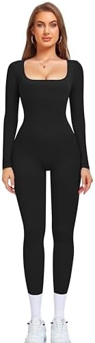 OLCHEE Womens Long Sleeve Workout Jumpsuit Square Neck Ribbed Seamless Yoga Romper Sexy Bodycon Tummy Control Unitard Onesie