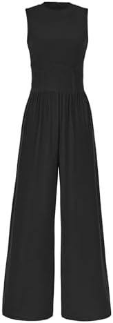 PRETTYGARDEN Womens Summer Jumpsuits Dressy Casual One Piece Outfits Sleeveless Crew Neck Wide Leg Pants Rompers with Pockets