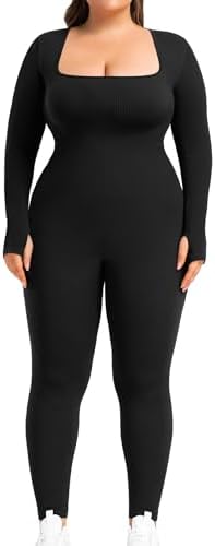 BLEVONH Women's Yoga Jumpsuits Ribbed Workout Rompers Square Neck Long Sleeve Bodysuits Full Length Plus size