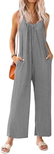 Ekouaer Jumpsuits for Women Loose Sleeveless Adjustable Spaghetti Strap Romper Stretchy Wide Leg Pants Outfits with Pockets