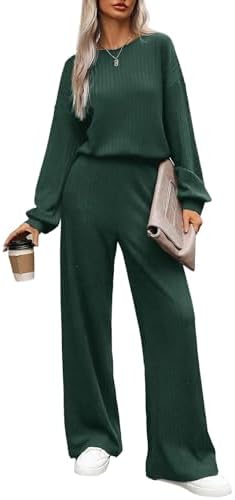 Happy Sailed Jumpsuits for Women Casual Loose Solid Ribbed Crewneck Long Sleeve Long Romper with Pockets
