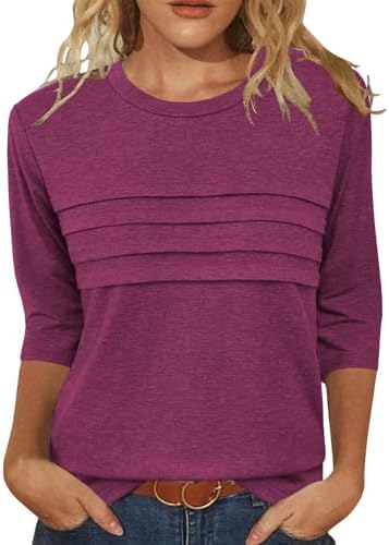 JomeDesign 3/4 Length Sleeve Womens Tops Round Neck Casual Tunic Tops Pleated Shirts Dressy