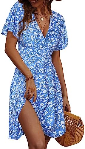 FENSACE Womens Sundress Summer Floral Short Sleeve Wrap V Neck A-Line Midi Dress