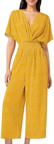Women's Casual Jumpsuit Floral Short Sleeve Romper V Neck Polka Dots Wide Leg Pants with Pockets