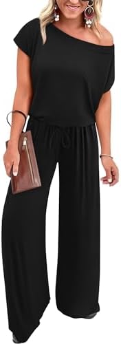 KIRUNDO Womens Jumpsuit 2024 Casual Summer Loose One Piece Off Shoulder Elastic Waist Wide Leg Long Romper with Pockets