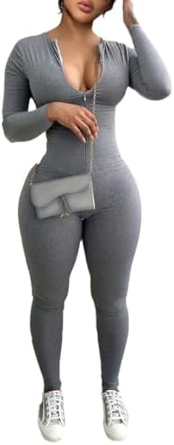 Mrskoala Women Long Sleeve Bodycon Jumpsuit One Piece Zip Up Romper