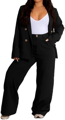Women's Two Piece Outfits Casual Blazer Jacket Wide Leg Work Pants Business Suit Sets with Pocket