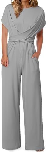 Happy Sailed Women Jumpsuits Dressy Short Sleeve Front Crisscross Tie Waist Belted Wide Leg Pant Romper with Pockets