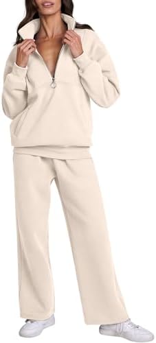 ANRABESS Women 2 Piece Outfits Sweatsuit Oversized Half Zip Sweatshirt Matching Wide Leg Sweatpant Lounge Set Fall Tracksuit