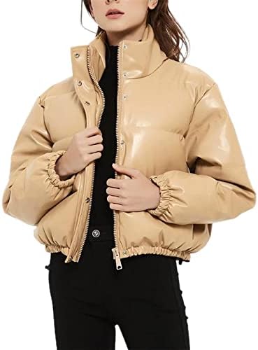 Tanming Womens Faux Leather Puffer Jacket Winter Long Sleeve Black Short Bubble Coat