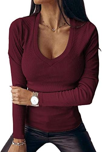 Fessceruna Womens Long Sleeve Shirts Tops Deep V Neck Ribbed Knit Fall Casual Slim Fit Basic Sexy T-Shirt 2024