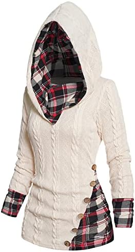 ZEZCLO Women's Twisted Cable Knit Plaid Print Hooded Sweater Mock Button Ruched Shawl Neck Knit Top