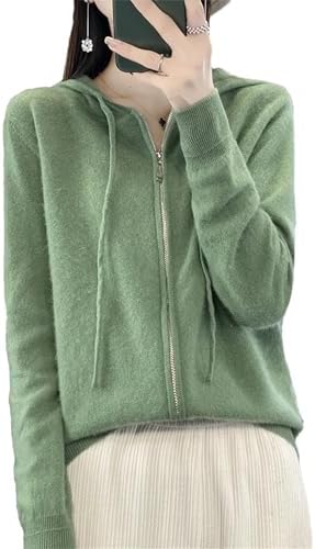 Women 100 Percent Merino Wool Hooded Cardigan Long Sleeve Sweater Zipper Cashmere Knitwear Korean Clothes