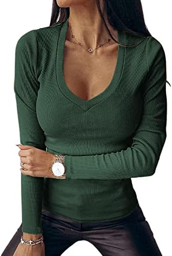 Fessceruna Womens Long Sleeve Shirts Tops Deep V Neck Ribbed Knit Fall Casual Slim Fit Basic Sexy T-Shirt 2024