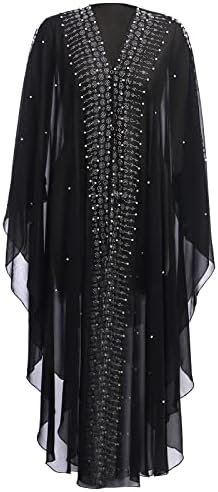 OBEEII Muslim Dress for Women Loose Batwing Sleeved Hooded Beaded Embroidery Long Abaya Dress Kaftan Abayas Islamic Robe