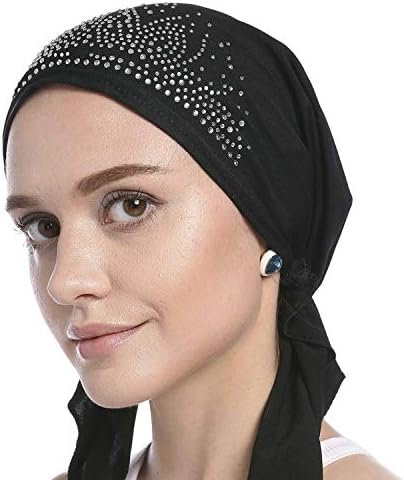 Women Turban Caps Cancer Chemo Beanie Hat Muslim Headscarf Inner Hijab Bonnet Islamic Head Wrap Solid Color with Rhinestone