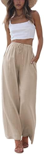 Faleave Women's Cotton Linen Summer Palazzo Pants Flowy Wide Leg Beach Trousers with Pockets