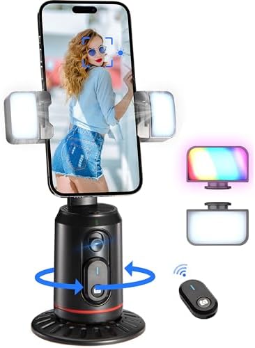 MQOUNY Auto Face Tracking Phone Holder, 360° Rotation Face Body Phone Tripod Smart Shooting Camera Mount with Rechargeable Remote and Light for Live Vlog Streaming Video, Rechargeable