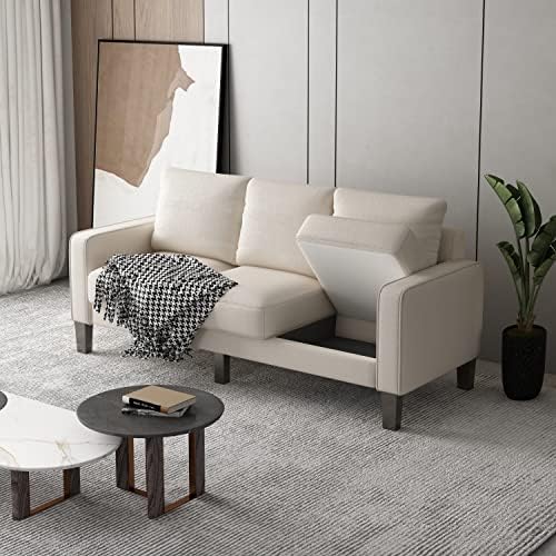 Sofa Couch with Seats Storage-Comfy Upholstered 3 Seater Sofa, Solid Wood Leg, Ultra Thick Cushion, Compact Small Space Furniture, Living Room, Office, Apartment, Beige