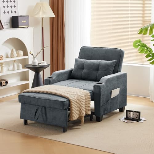 VINGLI Convertible Sleeper Chair 3-in-1 Sofa Bed, Pull Out Couch Sleeper Sofa Recliner with Adjustable Backrest, USB Ports, Cup Holders, Side Pockets for Small Space Living Room, Bedroom