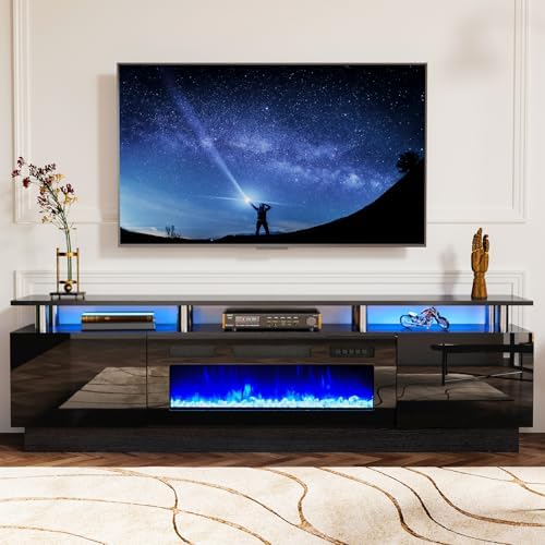 oneinmil 70" Modern Electric Fireplace TV Stand for TVs Up to 80 inch, with Electronic Flame and LED Lights, Luxury High Gloss Finish Entertainment Center, TV Console Cabinet for Living Room, Black
