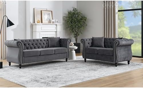 2 Piece Chesterfield Velvet Combination Sofa for Living Room,3-Seater and Loveseat Sofa Set Tufted Couch with 4 Pillows,Rolled Arms and Nailhead for Living Room, Bedroom, Office Grey