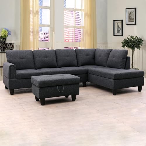 NicBex Couches for Living Room L Shaped Couch Upholstered Futon Sofa Comfy Linen Modular Sofa 3-Piece Sofa Set with Storage Ottoman for Apartments, Living Room and Office, Black Grey