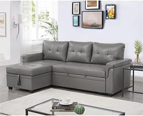Naomi Home Transform Any Space: Sleeper Sectional Sofa with Convertible Sofa Bed & Inviting Chaise. Find Tranquil Comfort with Stress-Relieving Design & Durable Cushions - Gray/Air Leather