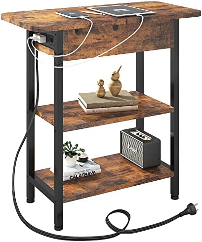 LIDYUK End Table with Charging Station, Flip Top Side Table with USB Ports and Outlets, Nightstand for Small Spaces, Bedside Tables with Storage Shelf for Living Room, Bedroom, Brown