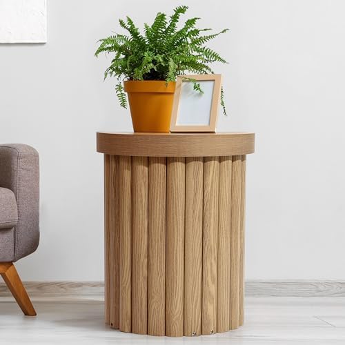 LuxenHome End Table, 19" Fluted Round Small Side Table for Small Spaces, Mid Century Modern Side Tables Living Room, Wood Small Bedside Table for Bedroom, Small Accent Table in Natural Wood Color