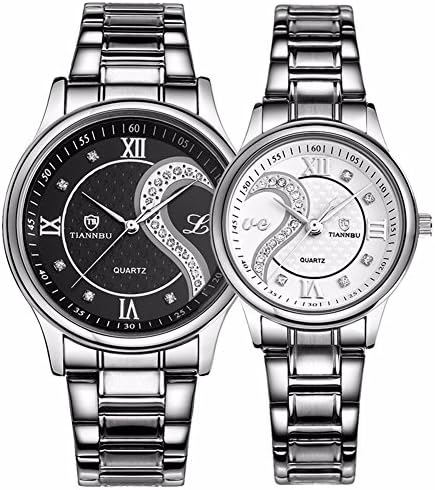 DREAMING Q&P Fq-102 Stainless Steel Romantic Pair His and Hers Wrist Watches for Men Women Black White Set of 2