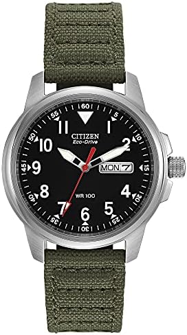Citizen Men's Eco-Drive Weekender Garrison Field Watch in Stainless Steel with Olive Nylon strap, Black Dial (Model: BM8180-03E)