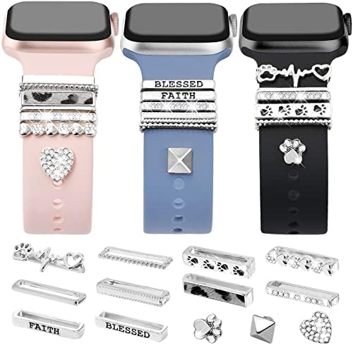 JR.DM 13 Pieces Silver Watch Band Charms with 10-Pcs Decorative Rings Loops & 3-Pcs Classic Clasp, Compatible with Apple Watch 38mm 40mm 41mm 42mm 44mm 45mm Metal Diamond Sliding Strap Accessories for